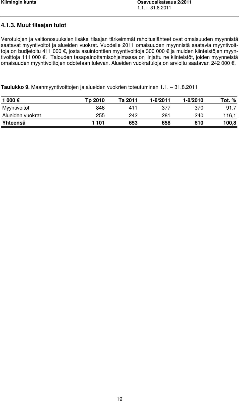 Talouden tasapainottamisohjelmassa on linjattu ne kiinteistöt, joiden myynneistä omaisuuden myyntivoittojen odotetaan tulevan. Alueiden vuokratuloja on arvioitu saatavan 242 000.