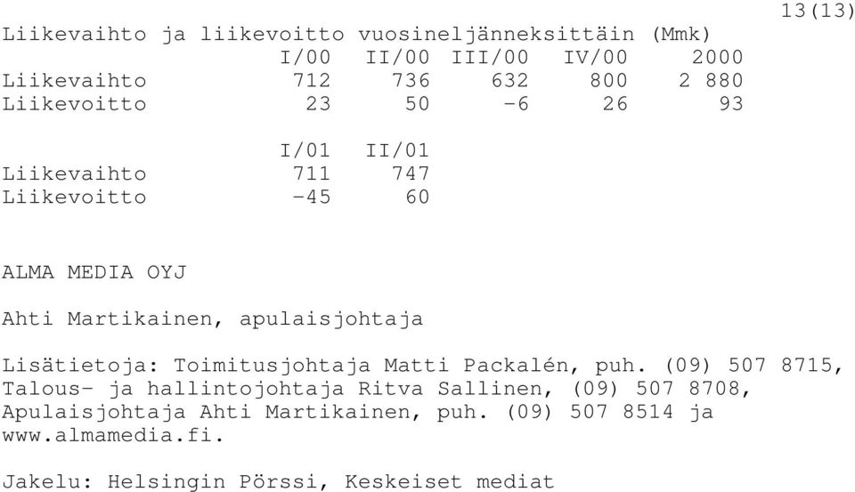 apulaisjohtaja Lisätietoja: Toimitusjohtaja Matti Packalén, puh.