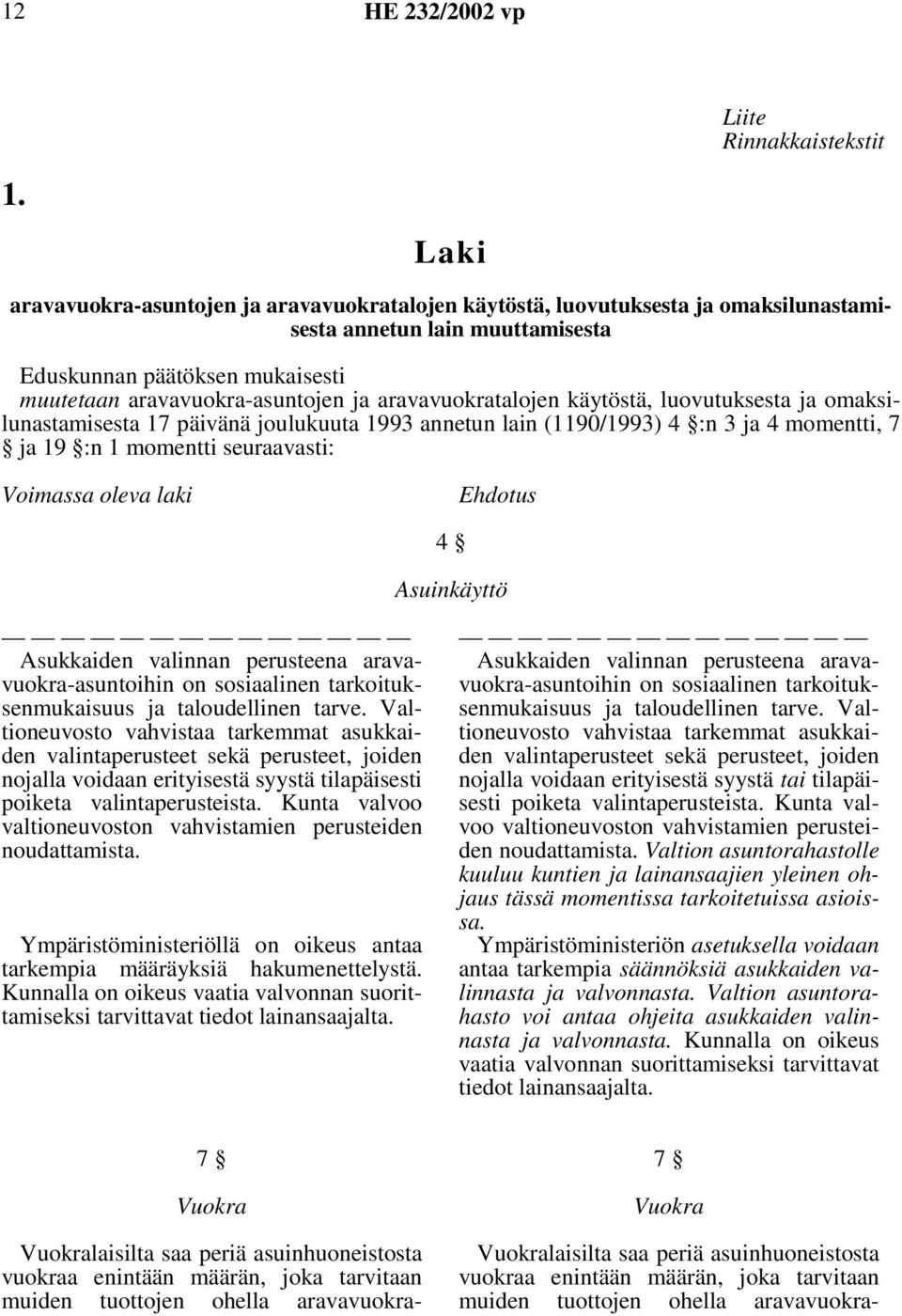 aravavuokratalojen käytöstä, luovutuksesta ja omaksilunastamisesta 17 päivänä joulukuuta 1993 annetun lain (1190/1993) 4 :n 3 ja 4 momentti, 7 ja 19 :n 1 momentti seuraavasti: Voimassa oleva laki