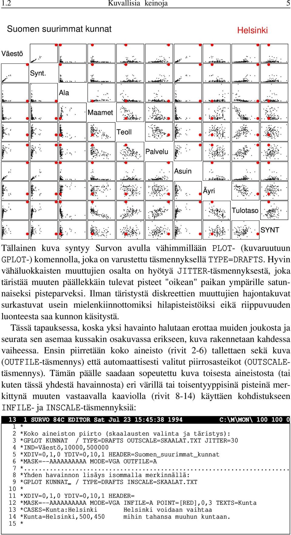 Hyvin vähäluokkaisten muuttujien osalta on hyötyä JITTER-täsmennyksestä, joka täristää muuten päällekkäin tulevat pisteet "oikean" paikan ympärille satunnaiseksi pisteparveksi.