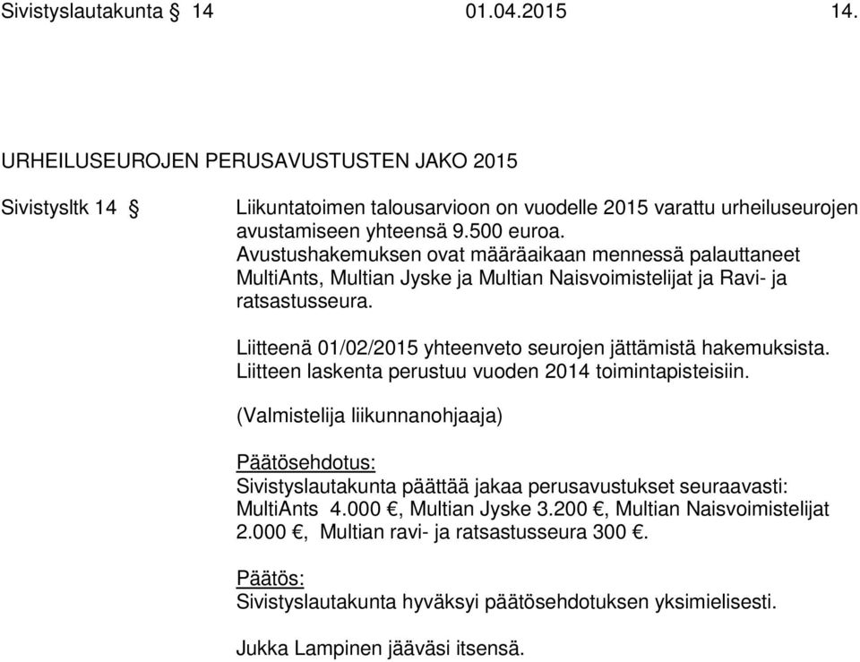 Liitteenä 01/02/2015 yhteenveto seurojen jättämistä hakemuksista. Liitteen laskenta perustuu vuoden 2014 toimintapisteisiin.