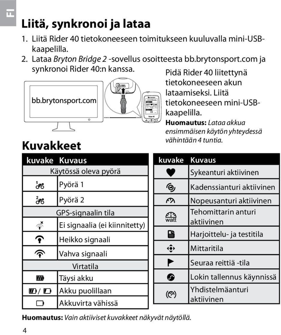 Kuvakkeet kuvake Kuvaus Käytössä oleva pyörä 4 1 Pyörä 1 2 Pyörä 2 GPS-signaalin tila Ei signaalia (ei kiinnitetty) Heikko signaali Vahva signaali Virtatila Täysi akku / Akku puolillaan Akkuvirta