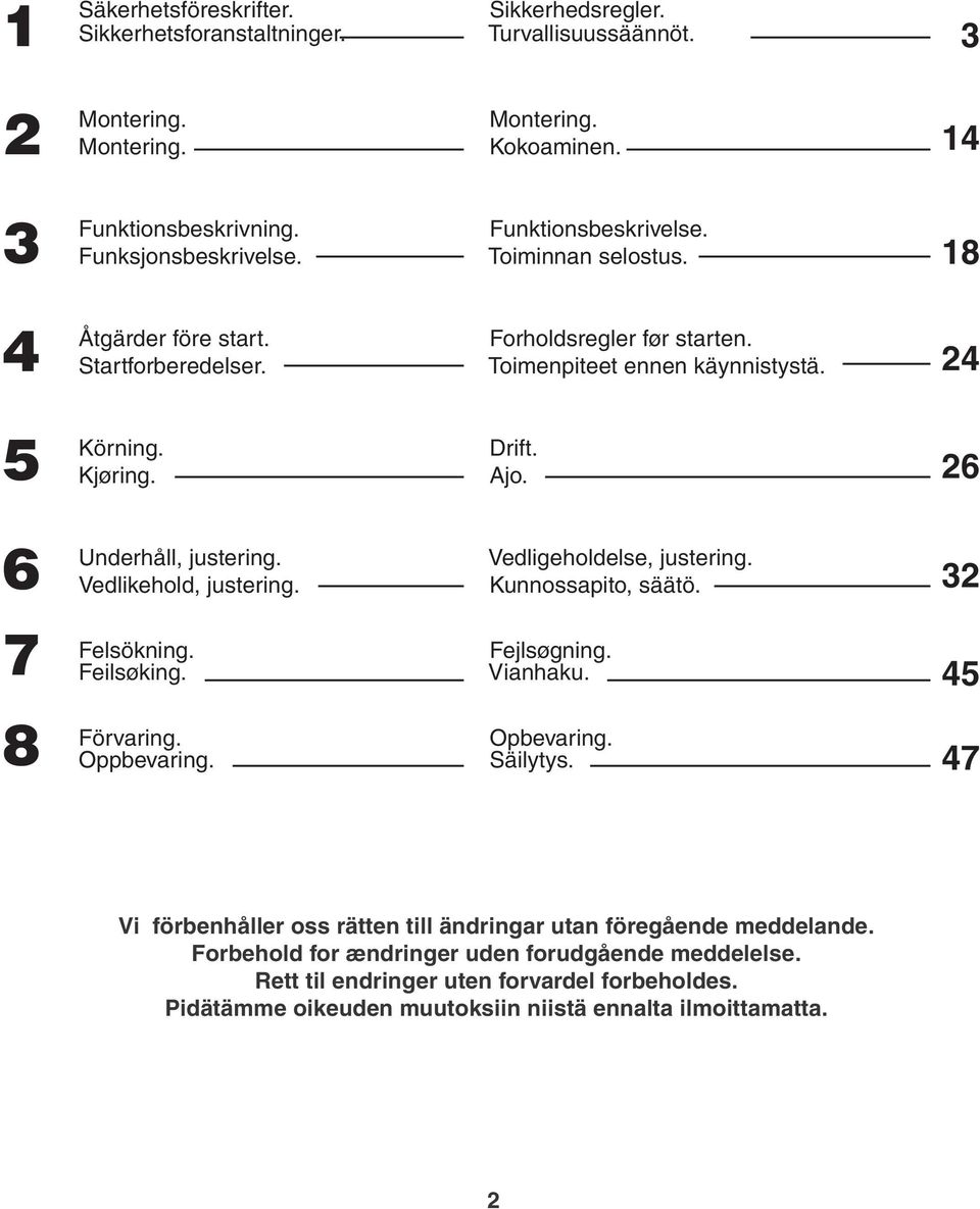 26 6 Underhåll, justering. Vedlikehold, justering. Vedligeholdelse, justering. Kunnossapito, säätö. 32 7 Felsökning. Feilsøking. Fejlsøgning. Vianhaku. 45 8 Förvaring. Oppbevaring. Opbevaring.