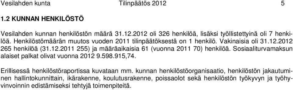 Sosiaaliturvamaksun alaiset palkat olivat vuonna 2012 9.598.915,74. Erillisessä henkilöstöraportissa kuvataan mm.