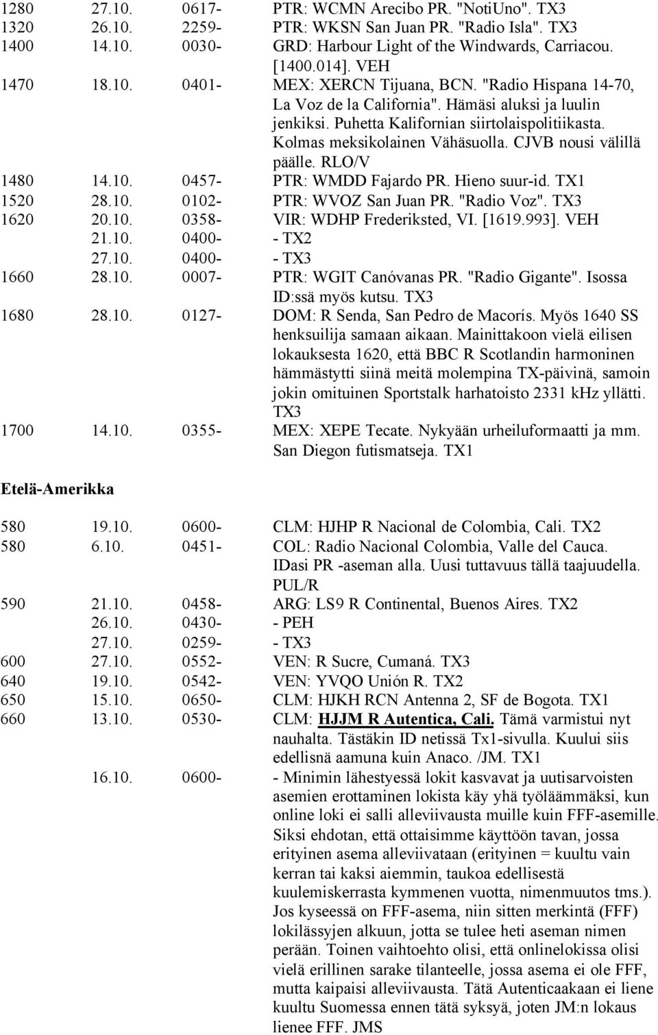 Kolmas meksikolainen Vähäsuolla. CJVB nousi välillä päälle. RLO/V 1480 14.10. 0457- PTR: WMDD Fajardo PR. Hieno suur-id. TX1 1520 28.10. 0102- PTR: WVOZ San Juan PR. "Radio Voz". TX3 1620 20.10. 0358- VIR: WDHP Frederiksted, VI.