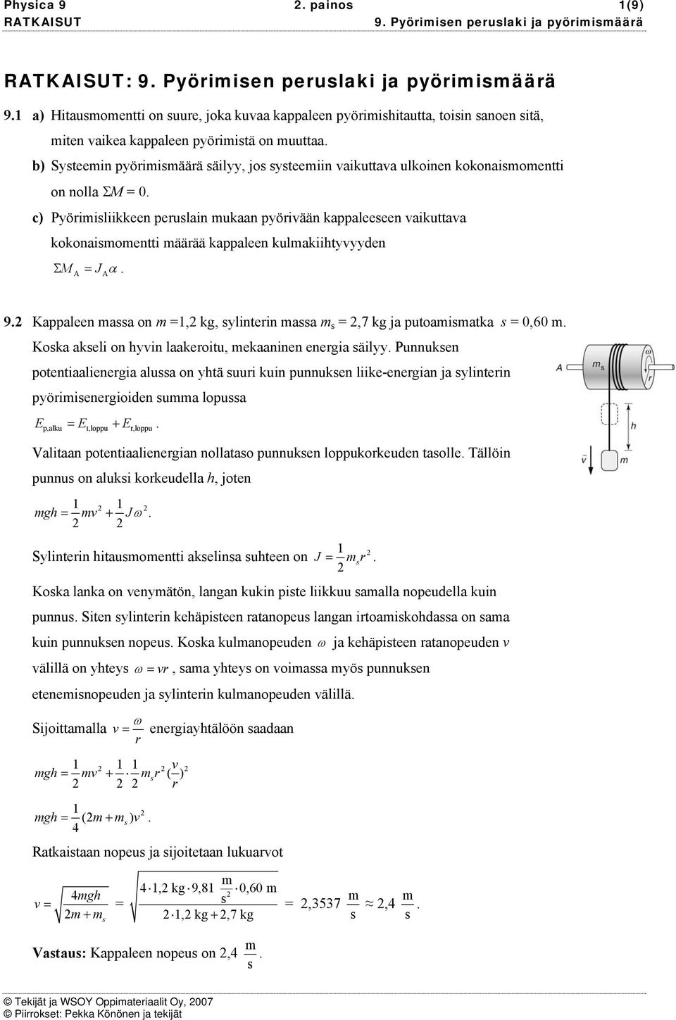 Kppleen on =, kg, ylintein =,7 kg j putoitk = 0,60. Kok keli on hyvin lkeoitu, ekninen enegi äilyy.