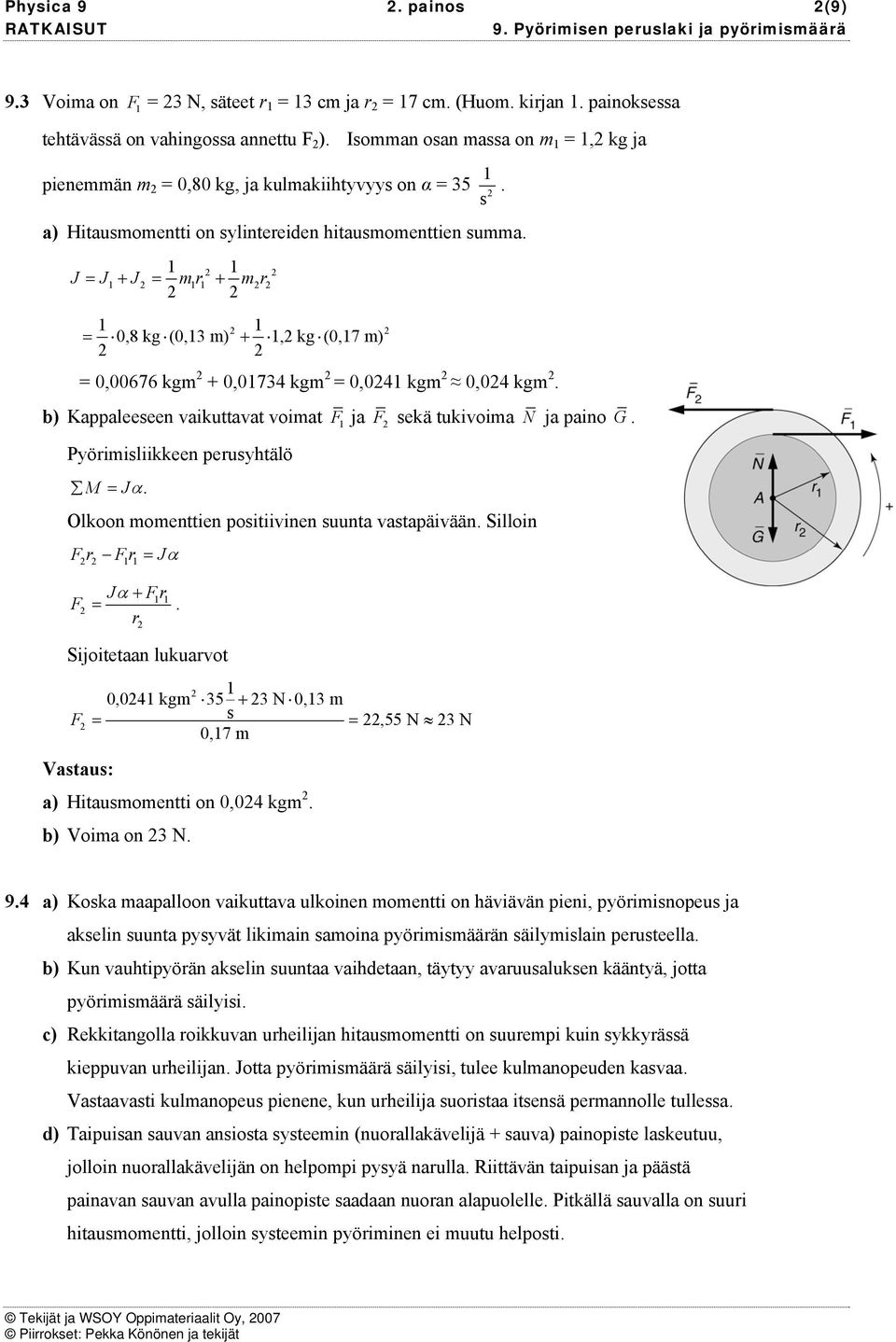 Pyöiiliikkeen peuyhtälö M = Jα. Olkoon oenttien poitiivinen uunt vtpäivään. Silloin F F = Jα F Jα + F =. Sijoitetn lukuvot 0,04 kg 35 + 3 N 0,3 F = =,55 N 3 N 0,7 Vtu: ) Hituoentti on 0,04 kg.