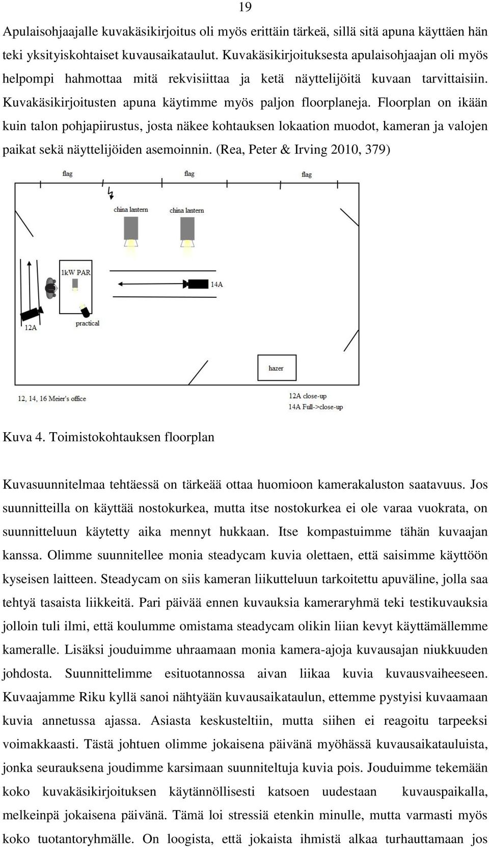 Floorplan on ikään kuin talon pohjapiirustus, josta näkee kohtauksen lokaation muodot, kameran ja valojen paikat sekä näyttelijöiden asemoinnin. (Rea, Peter & Irving 2010, 379) Kuva 4.