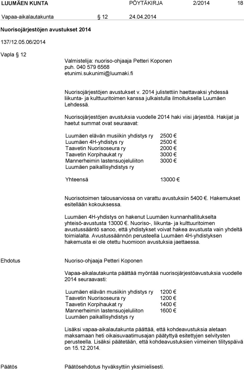 Nuorisojärjestöjen avustuksia vuodelle 2014 haki viisi järjestöä.