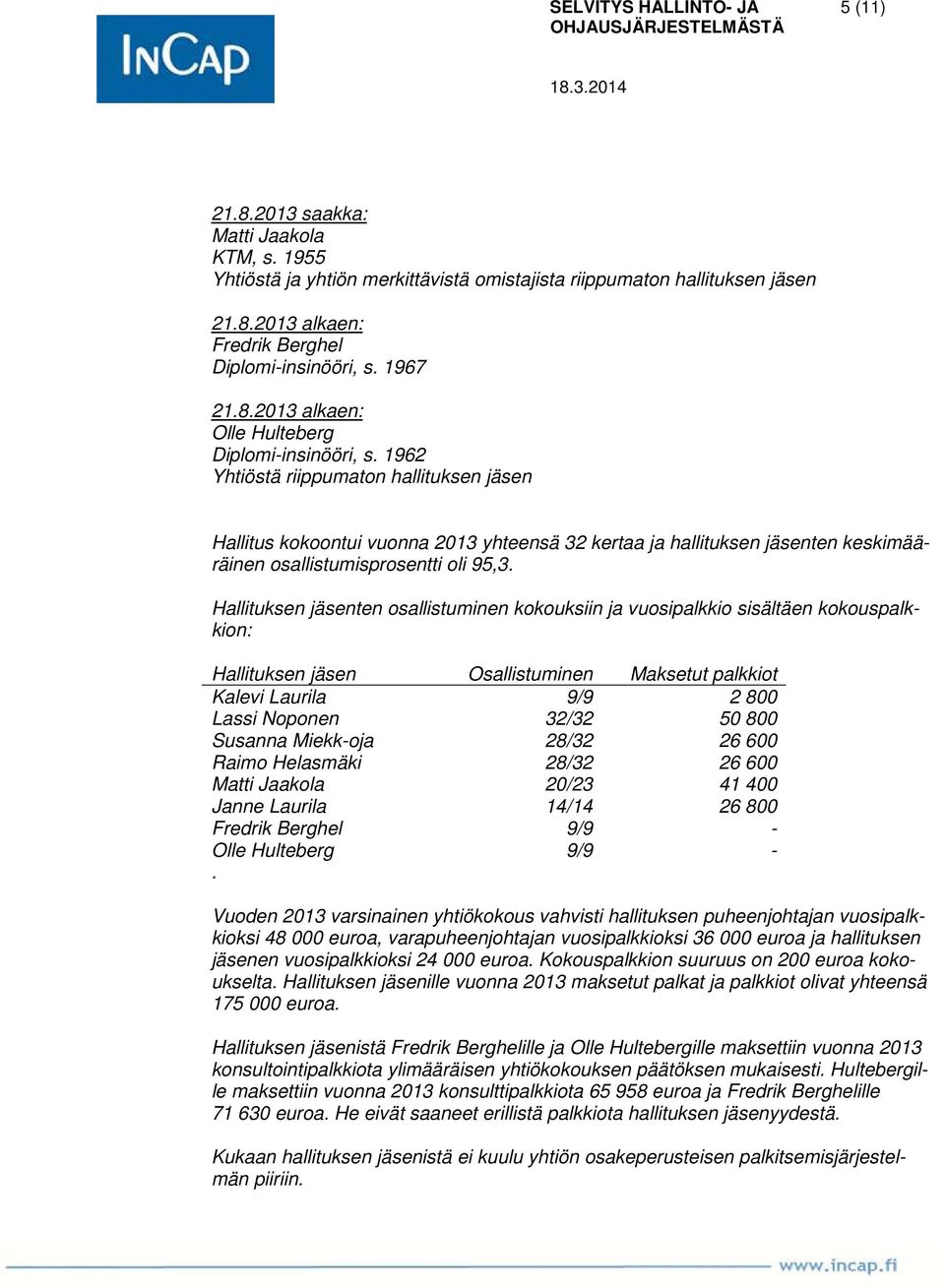 1962 Yhtiöstä riippumaton hallituksen jäsen Hallitus kokoontui vuonna 2013 yhteensä 32 kertaa ja hallituksen jäsenten keskimääräinen osallistumisprosentti oli 95,3.