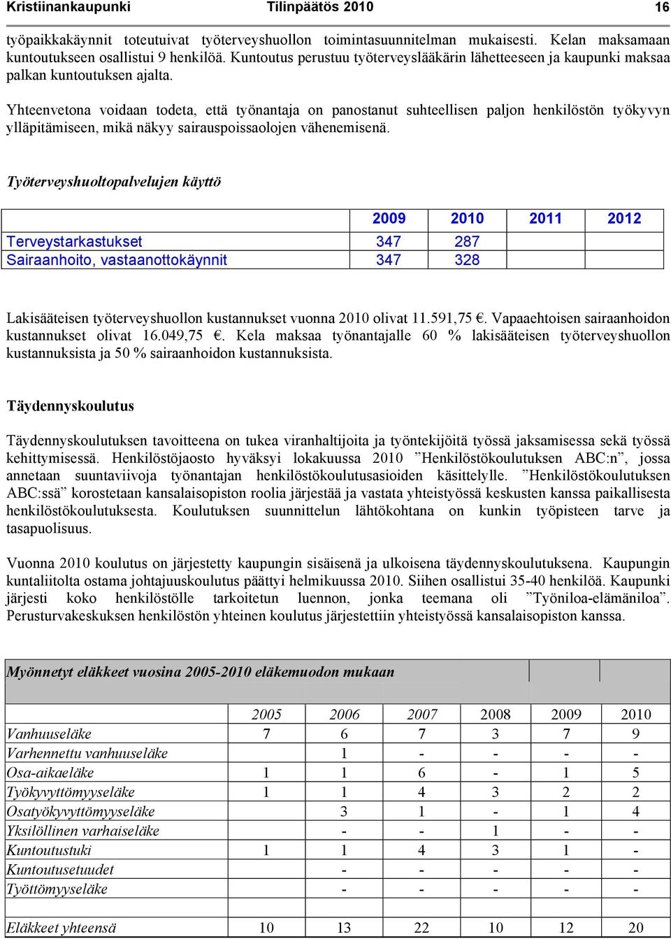 Yhteenvetona voidaan todeta, että työnantaja on panostanut suhteellisen paljon henkilöstön työkyvyn ylläpitämiseen, mikä näkyy sairauspoissaolojen vähenemisenä.