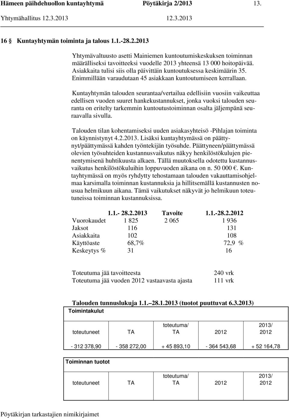 Kuntayhtymän talouden seurantaa/vertailua edellisiin vuosiin vaikeuttaa edellisen vuoden suuret hankekustannukset, jonka vuoksi talouden seuranta on eritelty tarkemmin kuntoutustoiminnan osalta