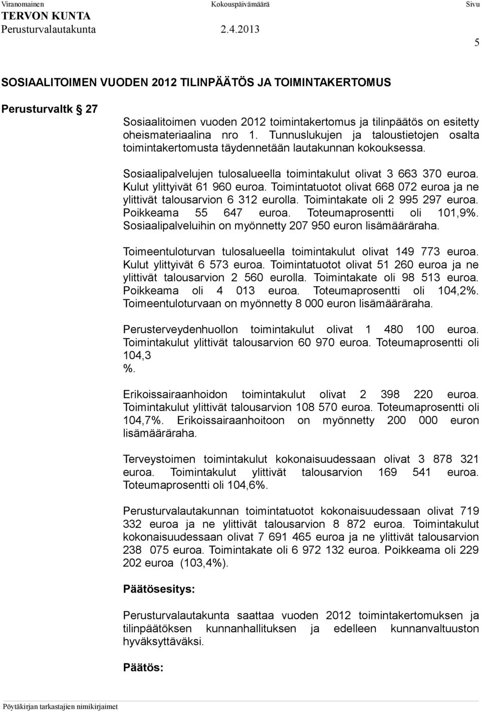 Toimintatuotot olivat 668 072 euroa ja ne ylittivät talousarvion 6 312 eurolla. Toimintakate oli 2 995 297 euroa. Poikkeama 55 647 euroa. Toteumaprosentti oli 101,9%.