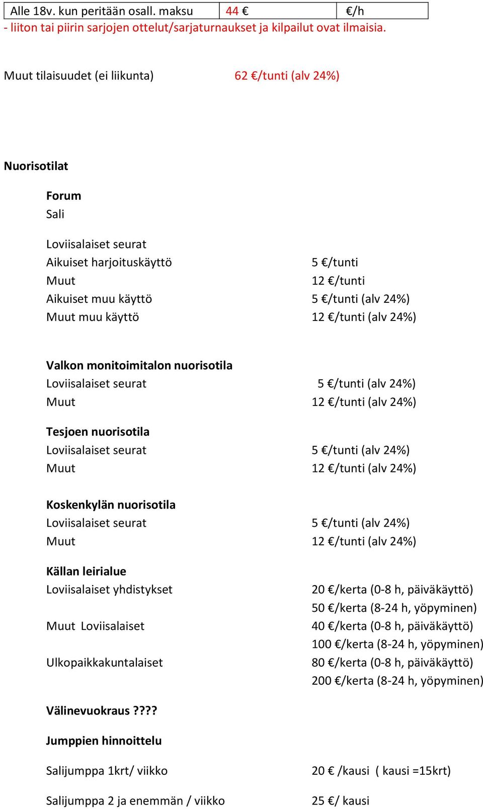 12 /tunti (alv 24%) Valkon monitoimitalon nuorisotila Loviisalaiset seurat 5 /tunti (alv 24%) Muut 12 /tunti (alv 24%) Tesjoen nuorisotila Loviisalaiset seurat 5 /tunti (alv 24%) Muut 12 /tunti (alv