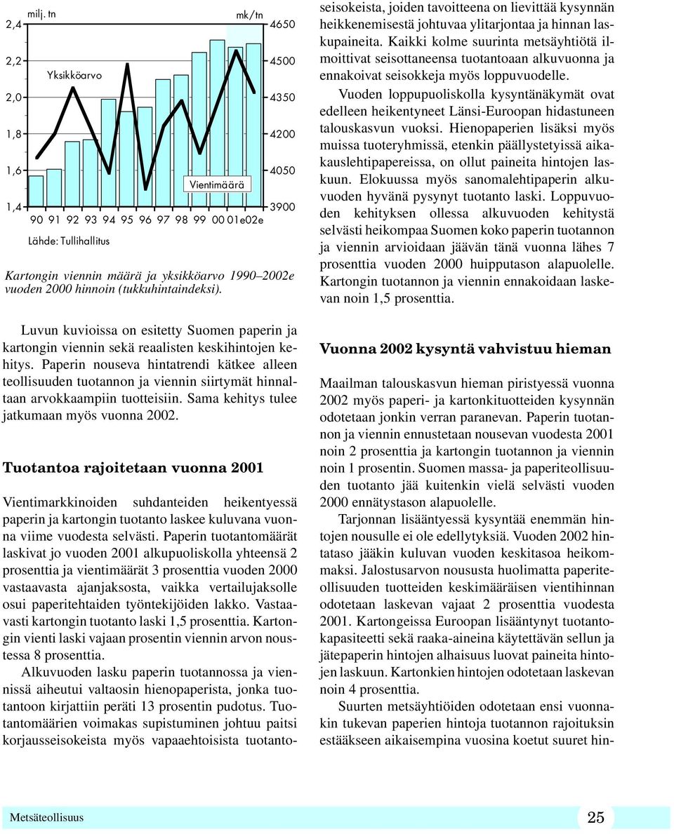 Paperin nouseva hintatrendi kätkee alleen teollisuuden tuotannon ja viennin siirtymät hinnaltaan arvokkaampiin tuotteisiin. Sama kehitys tulee jatkumaan myös vuonna 2002.