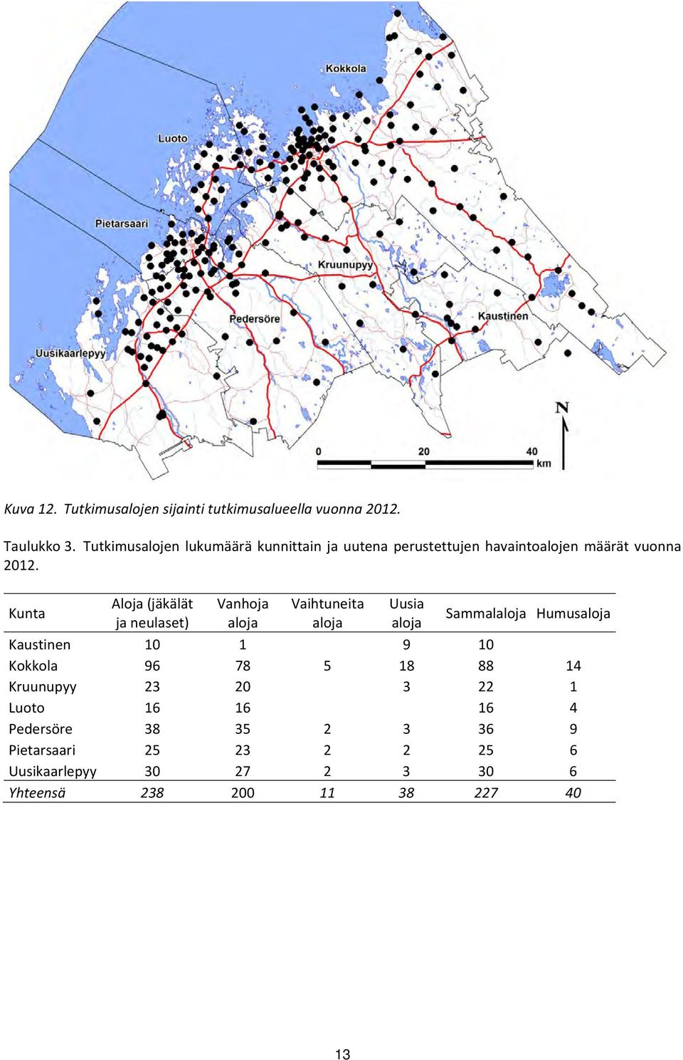 Kunta Aloja (jäkälät ja neulaset) Vanhoja aloja Vaihtuneita aloja Uusia aloja Sammalaloja Humusaloja Kaustinen 10 1 9