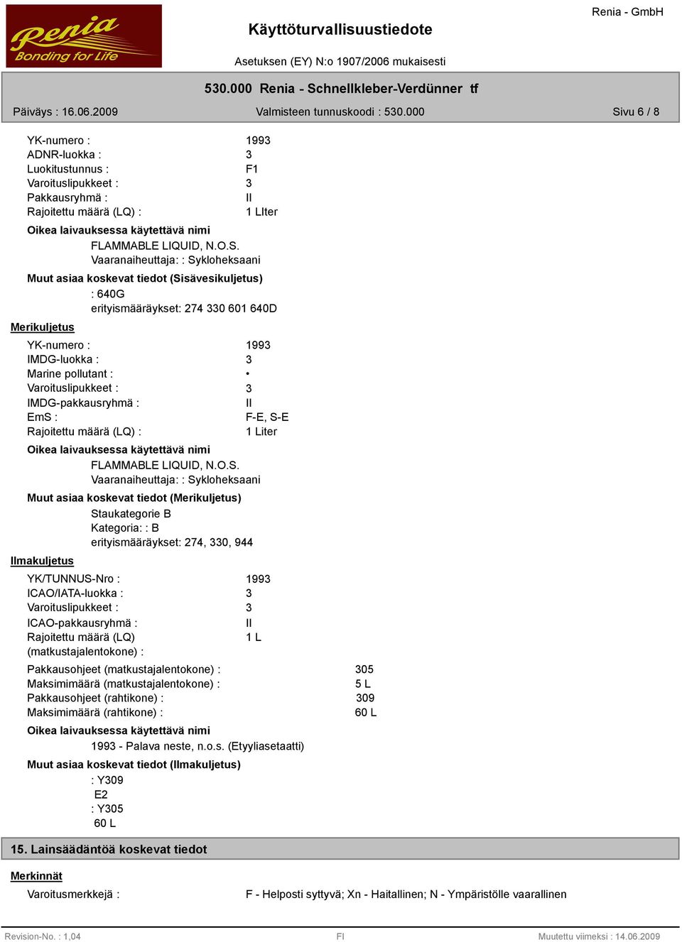 vu 6 / 8 YK-numero : 199 ADNR-luokka : Luokitustunnus : F1 Varoituslipukkeet : Pakkausryhmä : II Rajoitettu määrä (LQ) : 1 LIter Oikea laivauksessa käytettävä nimi FLAMMABLE LIQUID, N.O.S.