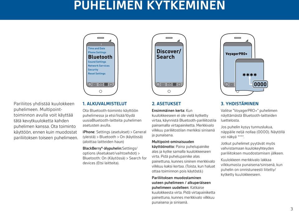 ALKUVALMISTELUT Ota Bluetooth-toiminto käyttöön puhelimessa ja etsi/lisää/löydä uusiabluetooth-laitteita puhelimen asetusten avulla.