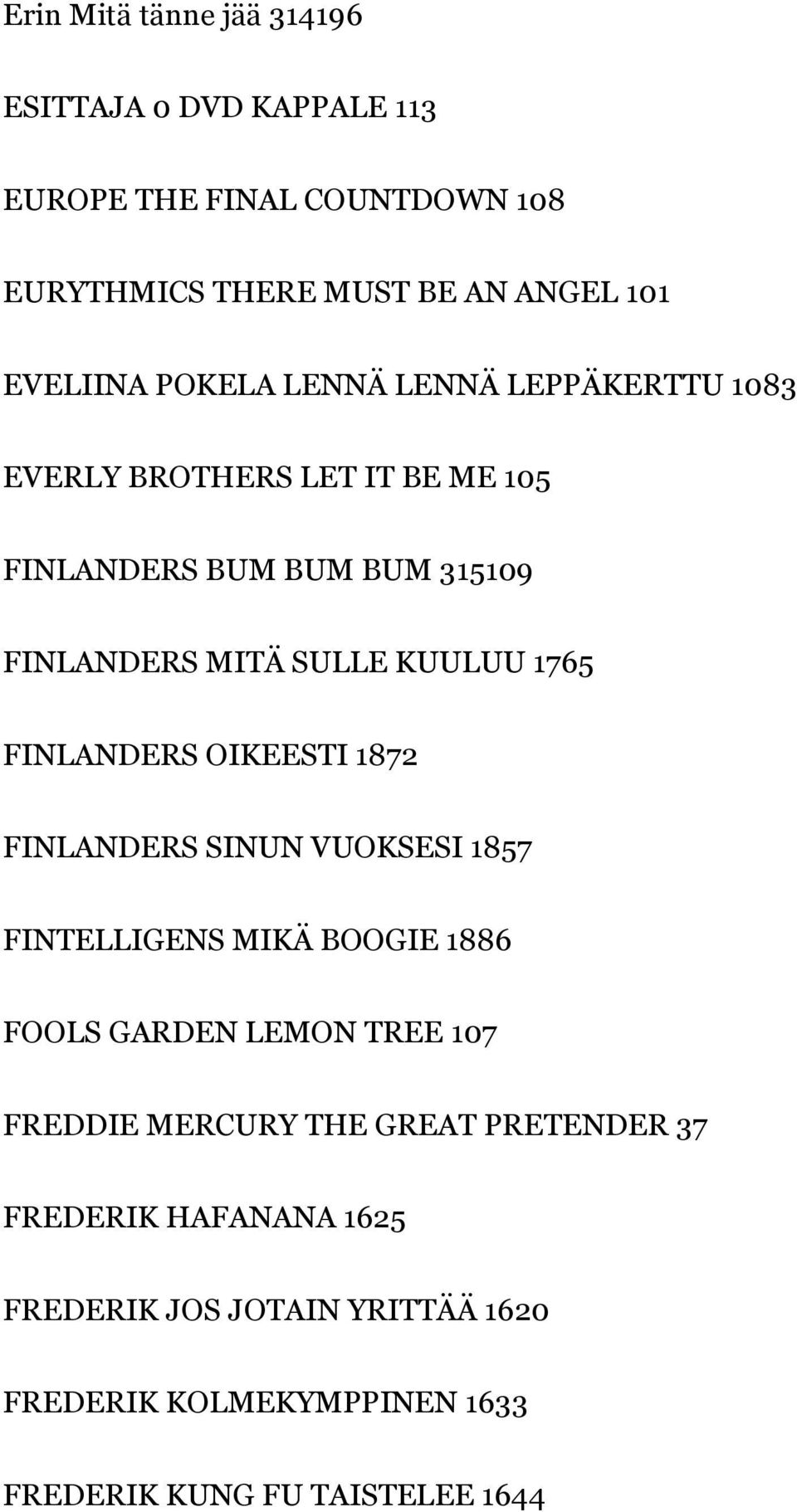 FINLANDERS OIKEESTI 1872 FINLANDERS SINUN VUOKSESI 1857 FINTELLIGENS MIKÄ BOOGIE 1886 FOOLS GARDEN LEMON TREE 107 FREDDIE MERCURY THE