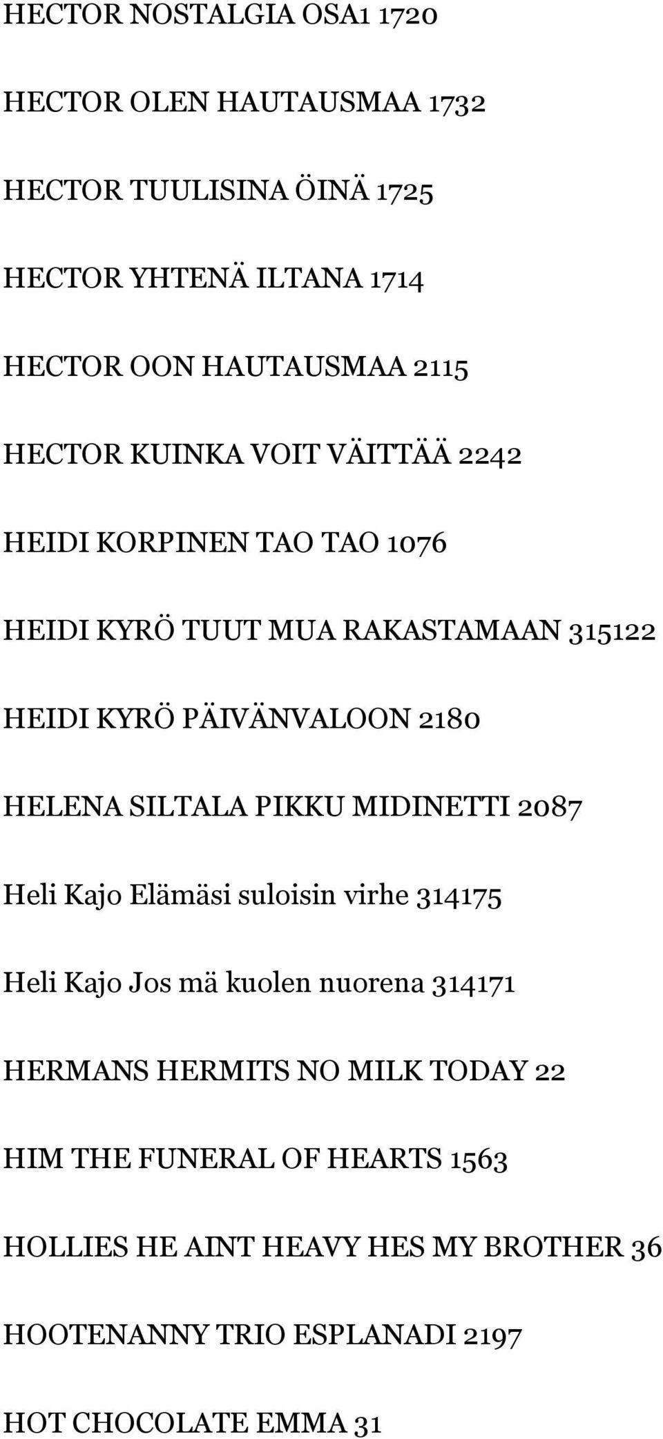 HELENA SILTALA PIKKU MIDINETTI 2087 Heli Kajo Elämäsi suloisin virhe 314175 Heli Kajo Jos mä kuolen nuorena 314171 HERMANS HERMITS NO