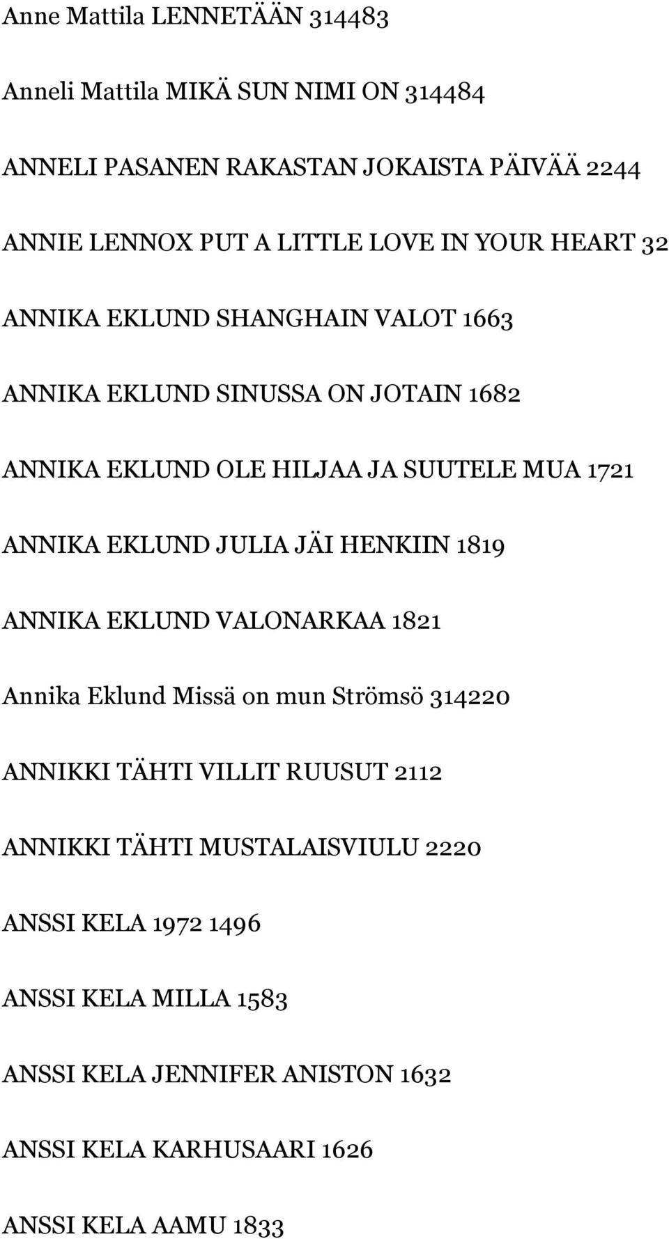 EKLUND JULIA JÄI HENKIIN 1819 ANNIKA EKLUND VALONARKAA 1821 Annika Eklund Missä on mun Strömsö 314220 ANNIKKI TÄHTI VILLIT RUUSUT 2112 ANNIKKI