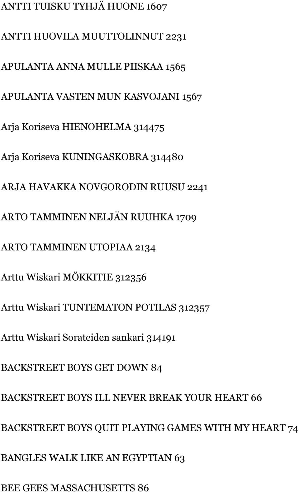 2134 Arttu Wiskari MÖKKITIE 312356 Arttu Wiskari TUNTEMATON POTILAS 312357 Arttu Wiskari Sorateiden sankari 314191 BACKSTREET BOYS GET DOWN 84