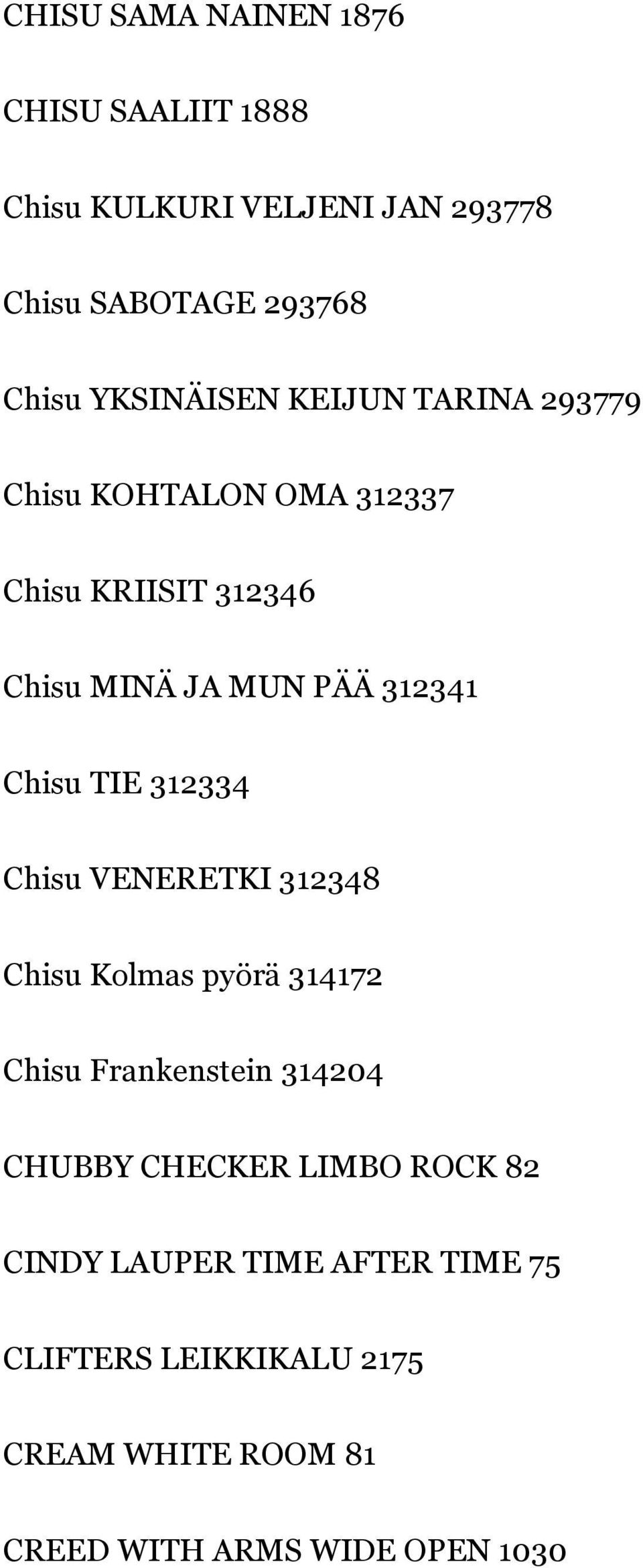 Chisu TIE 312334 Chisu VENERETKI 312348 Chisu Kolmas pyörä 314172 Chisu Frankenstein 314204 CHUBBY CHECKER