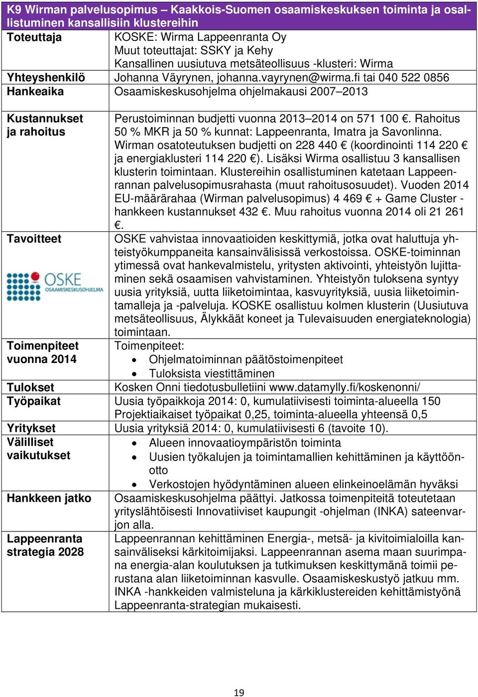 fi tai 040 522 0856 Hankeaika Osaamiskeskusohjelma ohjelmakausi 2007 2013 Kustannukset Tavoitteet Perustoiminnan budjetti vuonna 2013 2014 on 571 100.