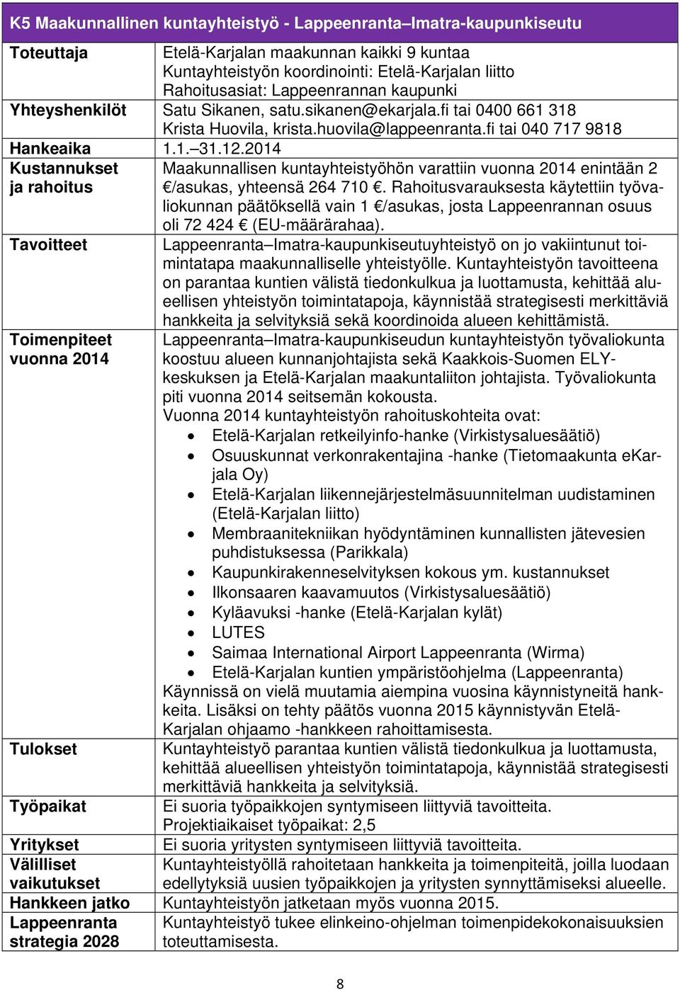 2014 Kustannukset Tavoitteet Maakunnallisen kuntayhteistyöhön varattiin enintään 2 /asukas, yhteensä 264 710.