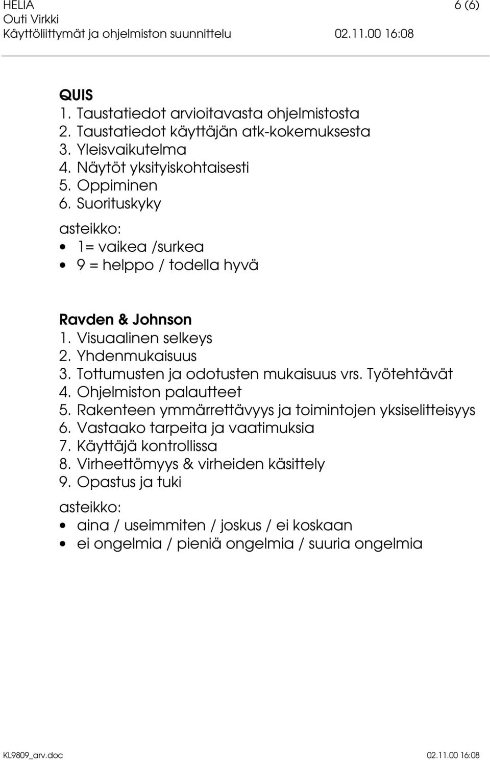 Tottumusten ja odotusten mukaisuus vrs. Työtehtävät 4. Ohjelmiston palautteet 5. Rakenteen ymmärrettävyys ja toimintojen yksiselitteisyys 6.