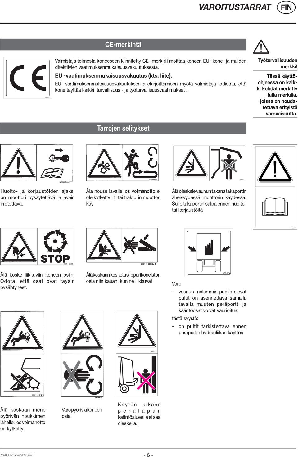 Työturvallisuuden merkki! Tässä käyttöohjeessa on kaikki kohdat merkitty tällä merkillä, joissa on noudatettava erityistä varovaisuutta. Tarrojen selitykset 495.
