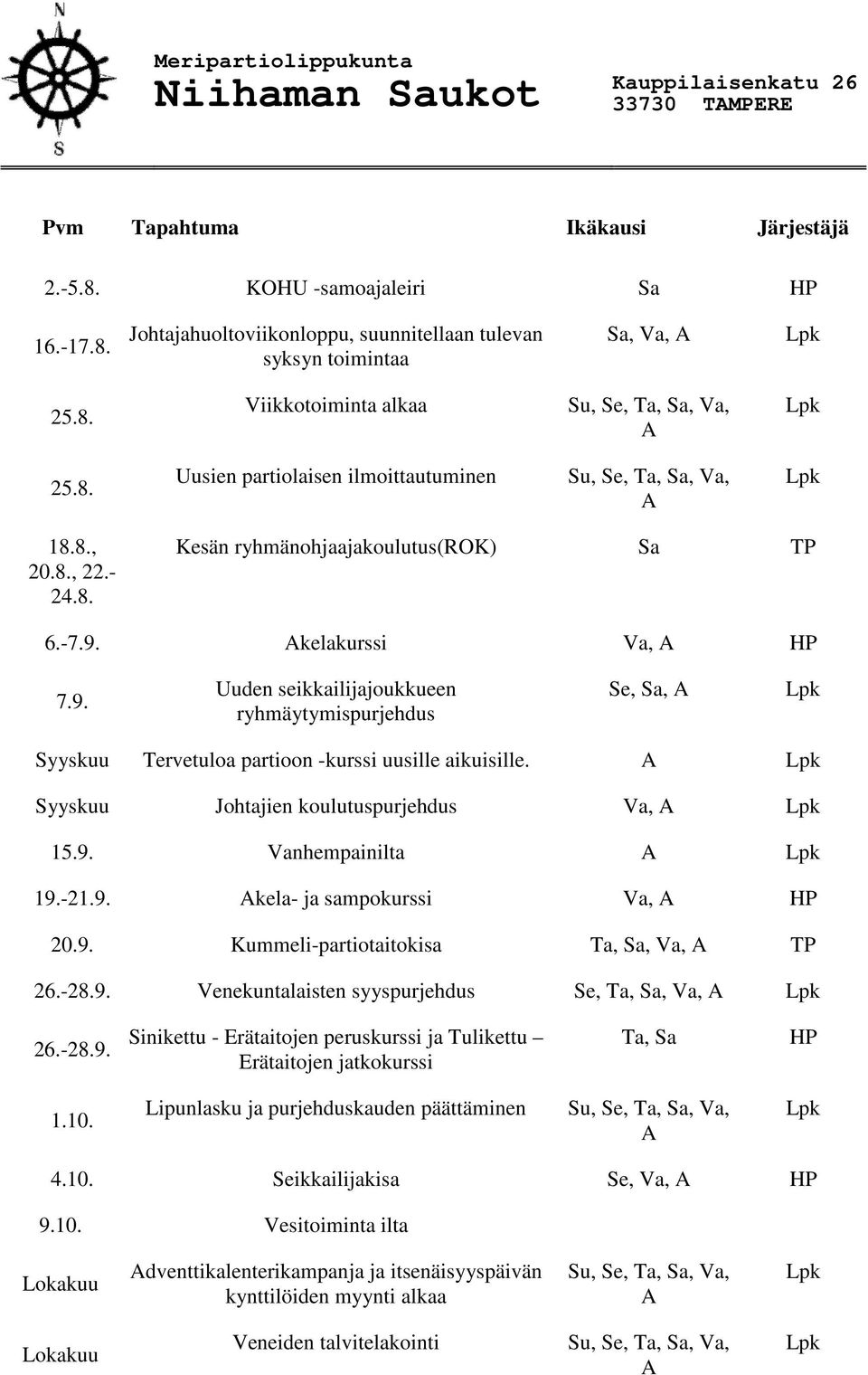 Syyskuu Johtajien koulutuspurjehdus Va, 15.9. Vanhempainilta 19.-21.9. kela- ja sampokurssi Va, HP 20.9. Kummeli-partiotaitokisa Ta, Sa, Va, TP 26.-28.9. Venekuntalaisten syyspurjehdus Se, Ta, Sa, Va, 26.