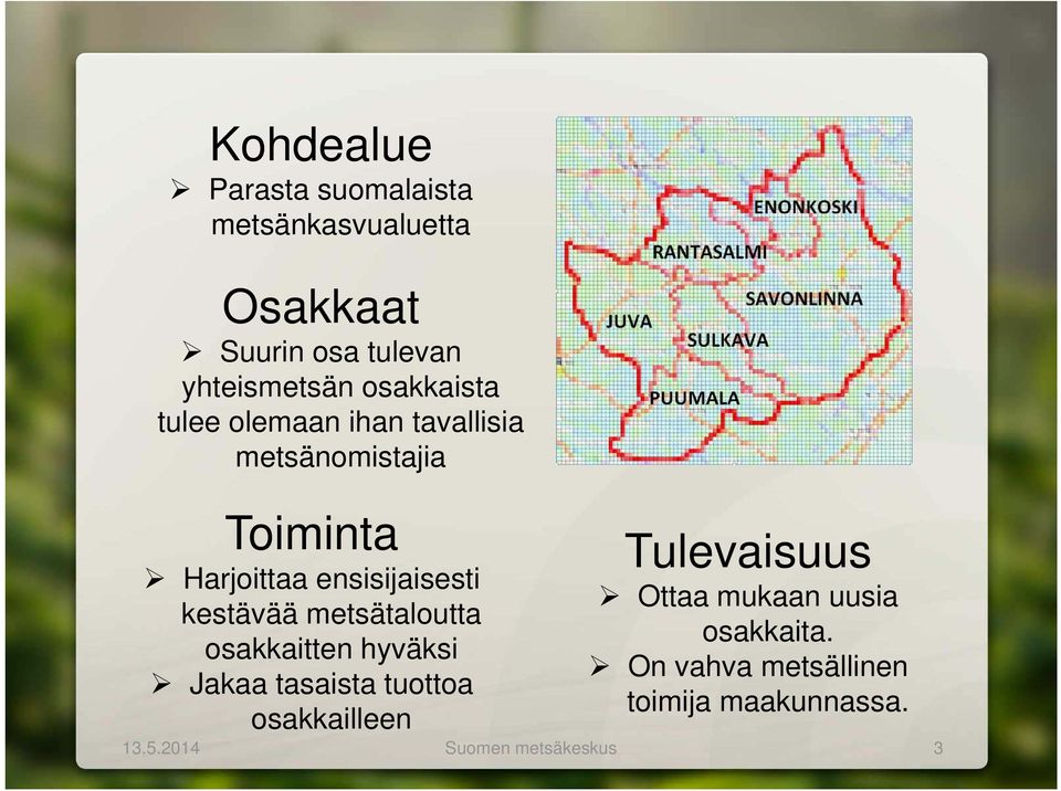 kestävää metsätaloutta osakkaitten hyväksi Jakaa tasaista tuottoa osakkailleen Tulevaisuus