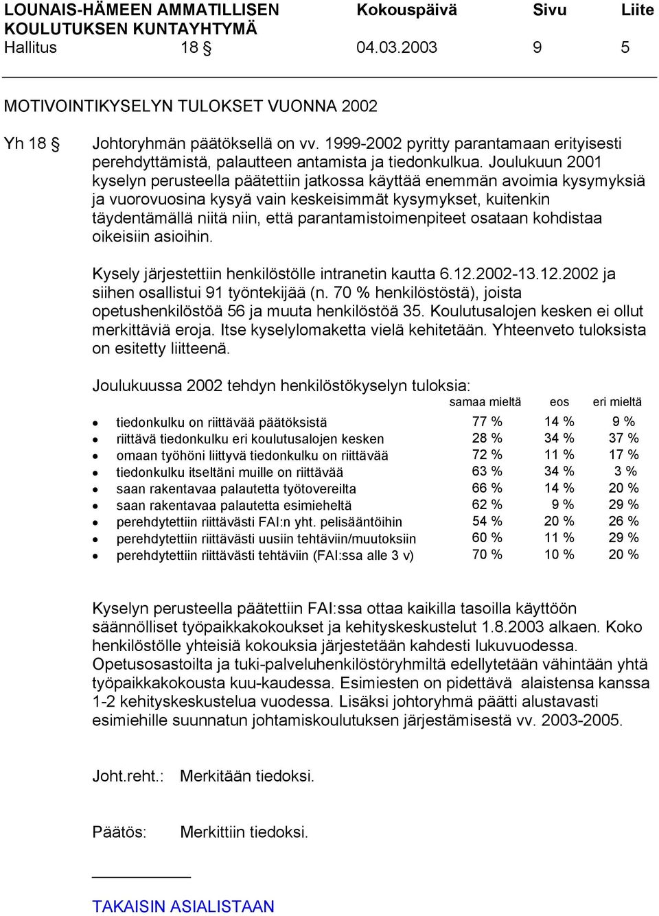 parantamistoimenpiteet osataan kohdistaa oikeisiin asioihin. Kysely järjestettiin henkilöstölle intranetin kautta 6.12.2002-13.12.2002 ja siihen osallistui 91 työntekijää (n.