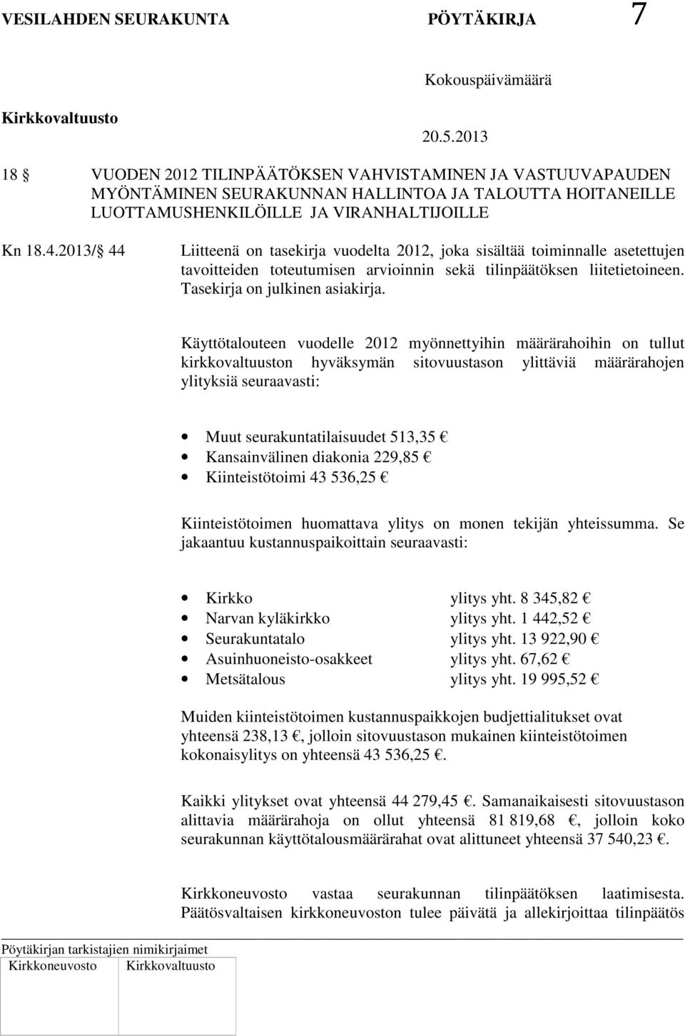 Käyttötalouteen vuodelle 2012 myönnettyihin määrärahoihin on tullut kirkkovaltuuston hyväksymän sitovuustason ylittäviä määrärahojen ylityksiä seuraavasti: Muut seurakuntatilaisuudet 513,35