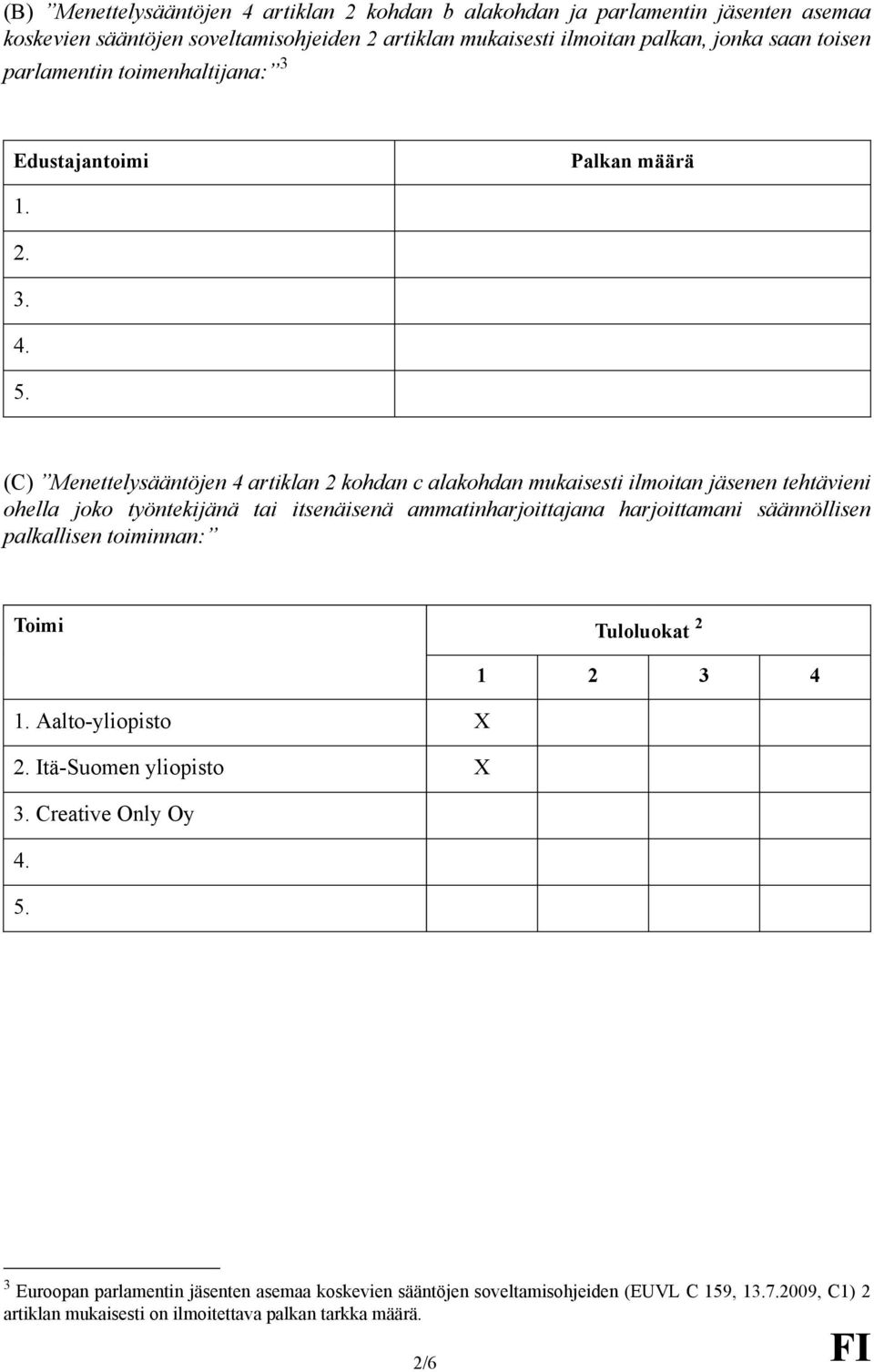 (C) Menettelysääntöjen 4 artiklan 2 kohdan c alakohdan mukaisesti ilmoitan jäsenen tehtävieni ohella joko työntekijänä tai itsenäisenä ammatinharjoittajana harjoittamani