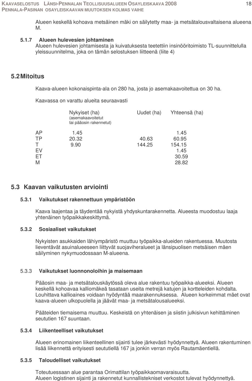 Kaavassa on varattu alueita seuraavasti Nykyiset (ha) Uudet (ha) Yhteensä (ha) (asemakaavoitetut tai pääosin rakennetut) AP 1.45 1.45 TP 20.32 40.63 60.95 T 9.90 144.25 154.15 EV 1.45 ET 30.59 M 28.