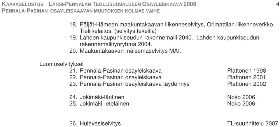 Luontoselvitykset 21. Pennala-Pasinan osayleiskaava Plattonen 1998 22. Pennala-Pasinan osayleiskaava Plattonen 2001 23.