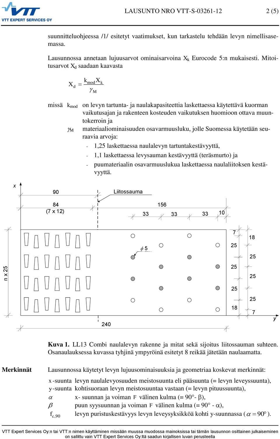 ja materiaaliominaisuuden osavarmuusluu, jolle Suomessa äytetään seuraavia arvoja: - 1, lasettaessa naulalevyn tartuntaestävyyttä, - 1,1 lasettaessa levysauman estävyyttä (teräsmurto) ja -