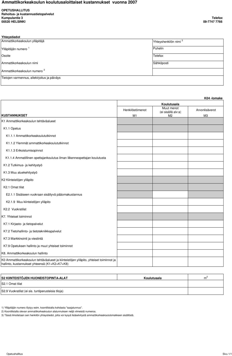 Arvonlisäverot KUSTANNUKSET M1 M2 M3 K1 n tehtäväalueet K1.1 Opetus K1.1.1 tutkinnot K1.1.2 Ylemmät ammattikorkeakoulututkinnot K1.1.3 Erikoistumisopinnot K1.1.4 Ammatillinen opettajankoulutus ilman liikenneopettajan koulutusta K1.