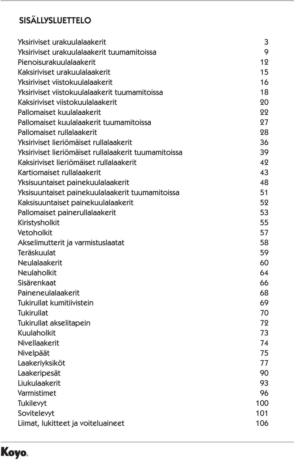 Yksiriviset lieriömäiset rullalaakerit tuumamitoissa aksiriviset lieriömäiset rullalaakerit artiomaiset rullalaakerit Yksisuuntaiset painekuulalaakerit Yksisuuntaiset painekuulalaakerit tuumamitoissa