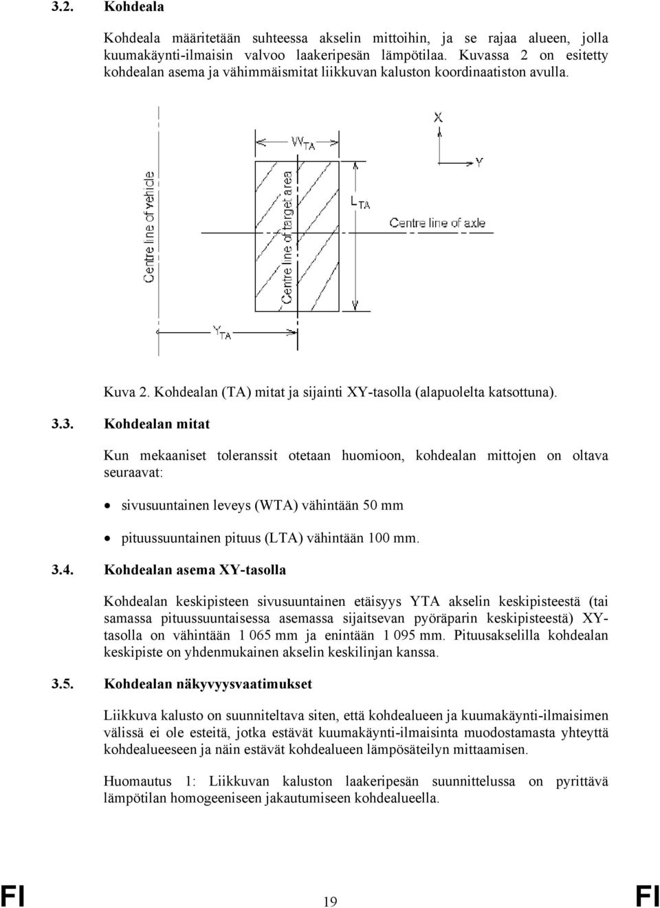 3. Kohdealan mitat Kun mekaaniset toleranssit otetaan huomioon, kohdealan mittojen on oltava seuraavat: sivusuuntainen leveys (WTA) vähintään 50 mm pituussuuntainen pituus (LTA) vähintään 100 mm. 3.4.