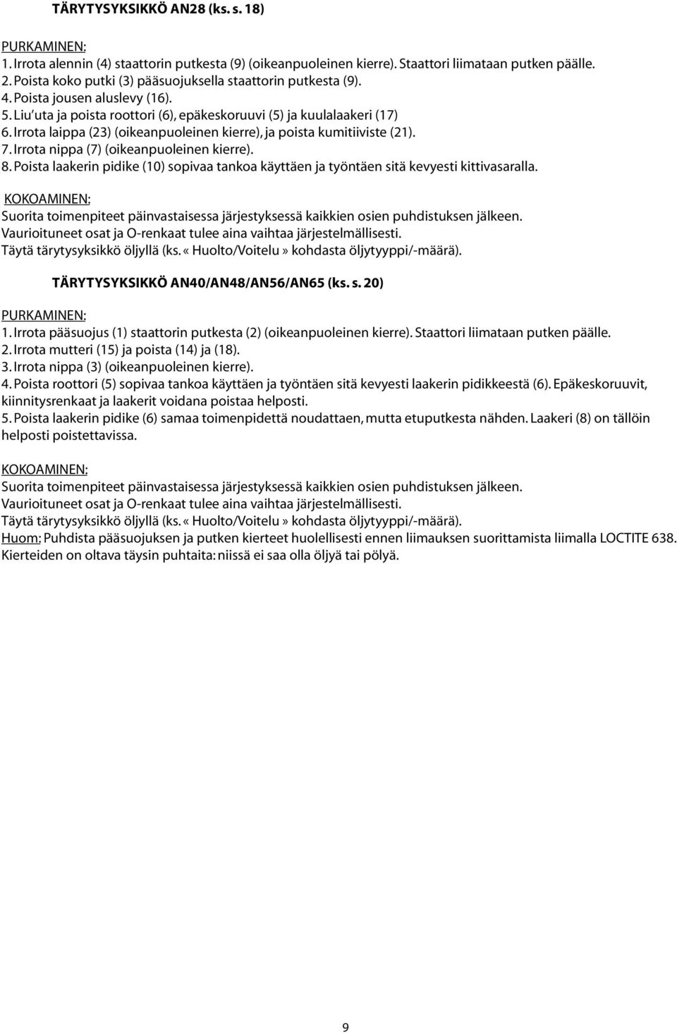 Irrota laippa (23) (oikeanpuoleinen kierre), ja poista kumitiiviste (21). 7. Irrota nippa (7) (oikeanpuoleinen kierre). 8.