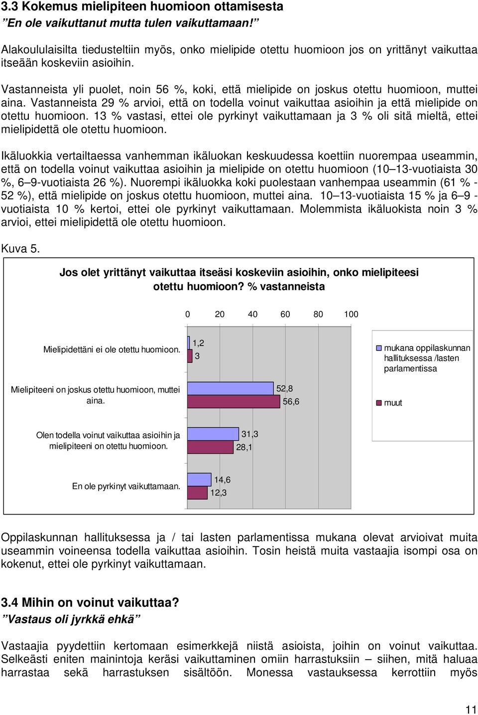 Vastanneista yli puolet, noin 56 %, koki, että mielipide on joskus otettu huomioon, muttei aina.