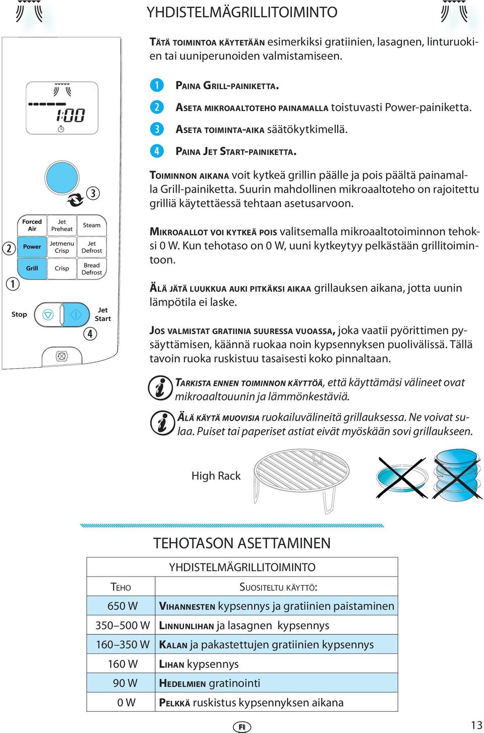 TOIMINNON AIKANA voit kytkä grillin pääll ja pois päältä painamalla Grill-painiktta. Suurin mahdollinn mikroaaltotho on rajoitttu grilliä käytttässä thtaan astusarvoon.