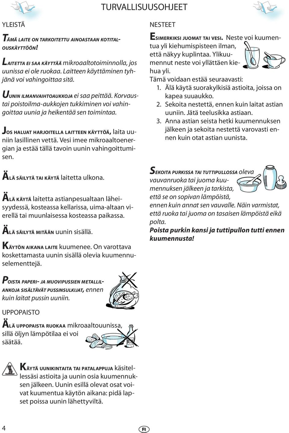 JOS HALUAT HARJOITELLA LAITTEEN KÄYTTÖÄ, laita uuniin lasillinn vttä. Vsi im mikroaaltonrgian ja stää tällä tavoin uunin vahingoittumisn. ÄLÄ SÄILYTÄ TAI KÄYTÄ laittta ulkona.