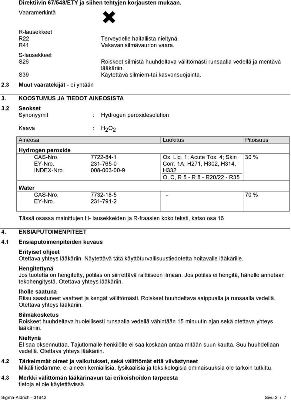 2 Seokset Synonyymit : Hydrogen peroxidesolution Kaava : H 2 O 2 Aineosa Luokitus Pitoisuus Hydrogen peroxide CAS-Nro. EY-Nro. INDEX-Nro. Water CAS-Nro. EY-Nro. 7722-84-1 231-765-0 008-003-00-9 7732-18-5 231-791-2 Ox.