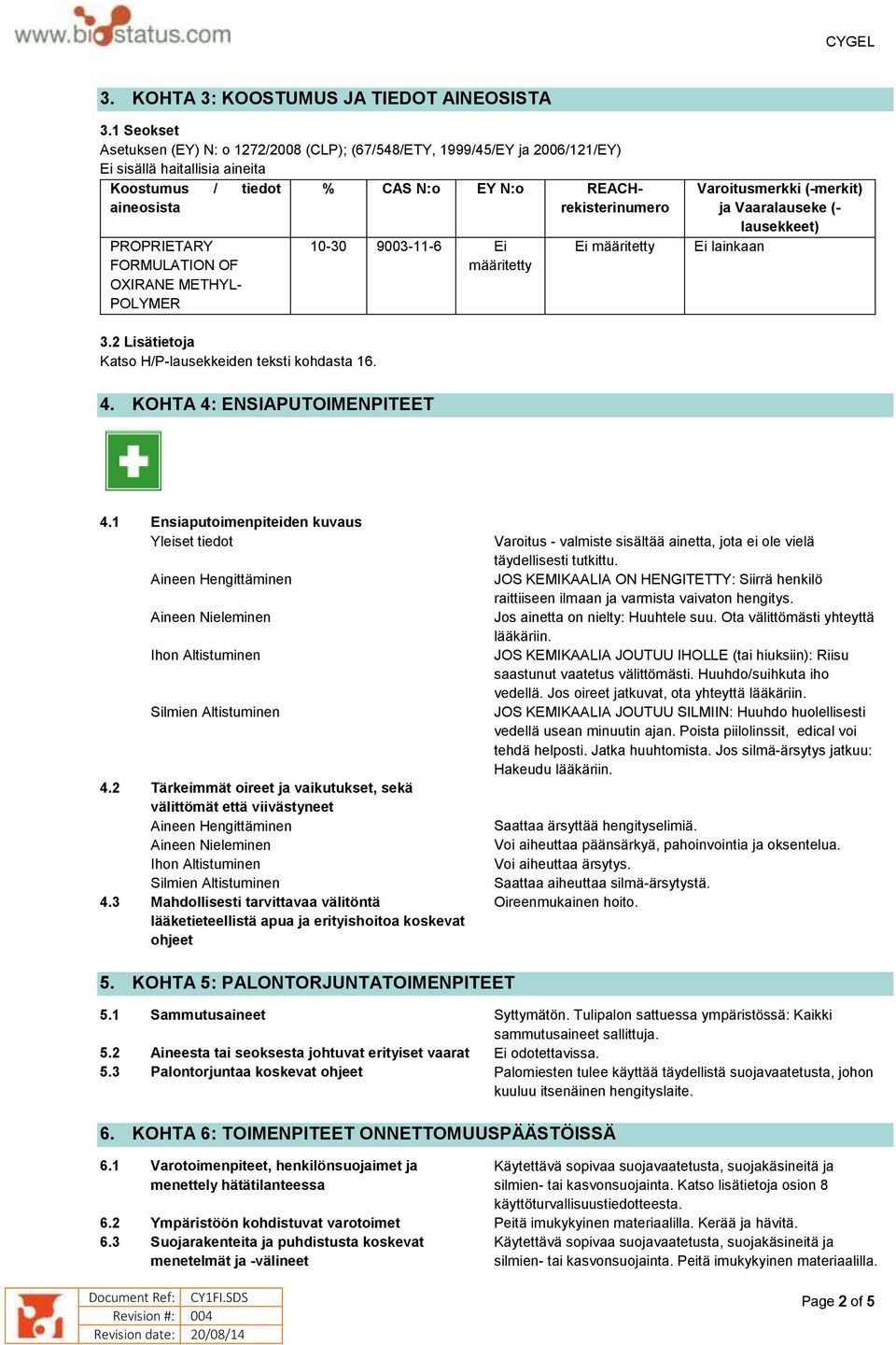 REACHrekisterinumero 10-30 9003-11-6 Ei määritetty Varoitusmerkki (-merkit) ja Vaaralauseke (- lausekkeet) 3.2 Lisätietoja Katso H/P-lausekkeiden teksti kohdasta 16. 4. KOHTA 4: ENSIAPUTOIMENPITEET 4.