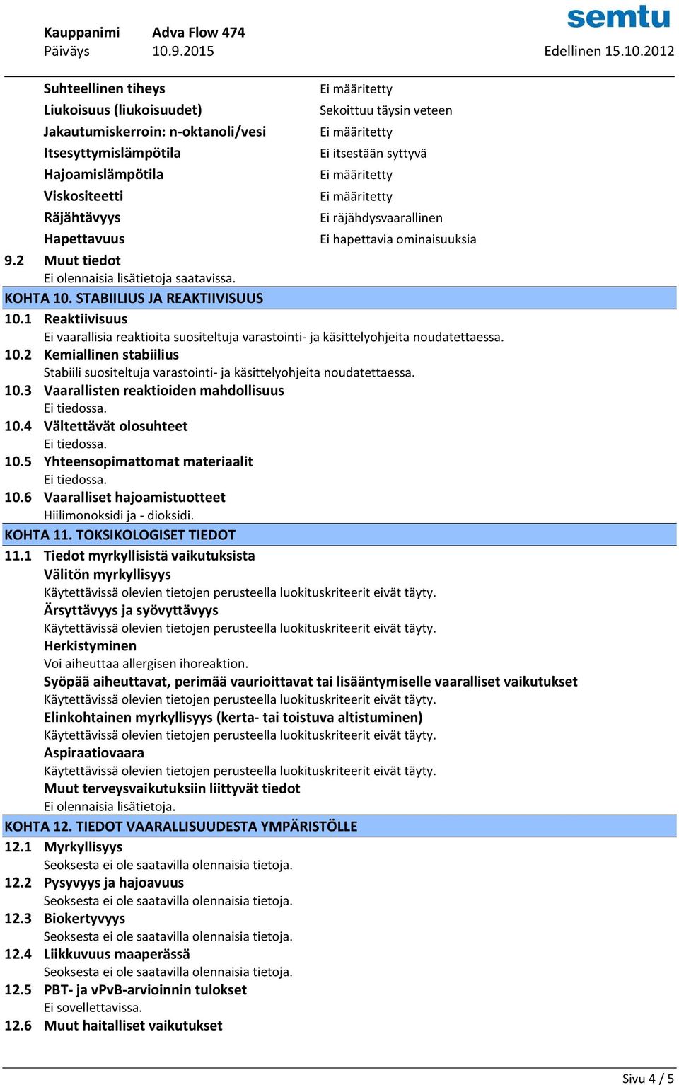 1 Reaktiivisuus Ei vaarallisia reaktioita suositeltuja varastointi- ja käsittelyohjeita noudatettaessa. 10.