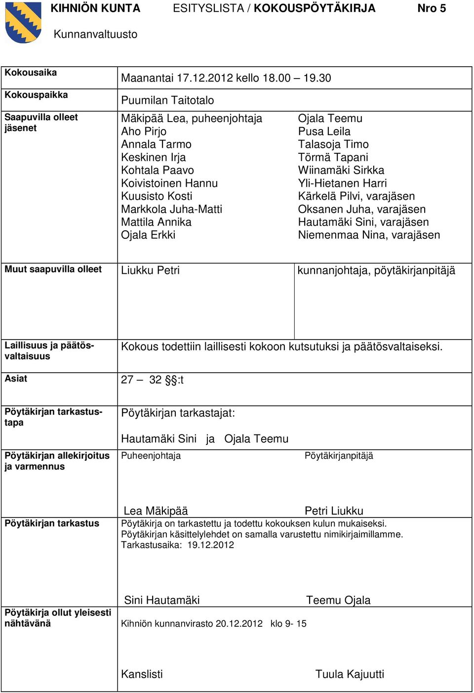 Leila Talasoja Timo Törmä Tapani Wiinamäki Sirkka Yli-Hietanen Harri Kärkelä Pilvi, varajäsen Oksanen Juha, varajäsen Hautamäki Sini, varajäsen Niemenmaa Nina, varajäsen Muut saapuvilla olleet Liukku